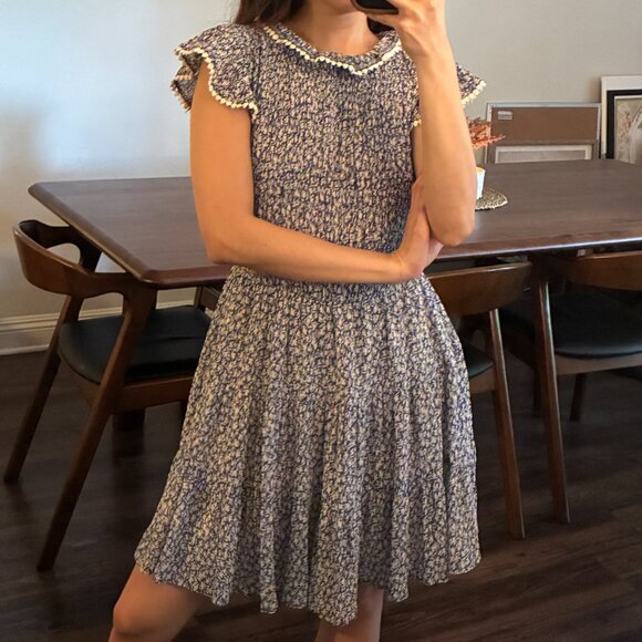 Blu Pepper Navy and Off White Printed Dress with Smocking - Picture 4 of 5